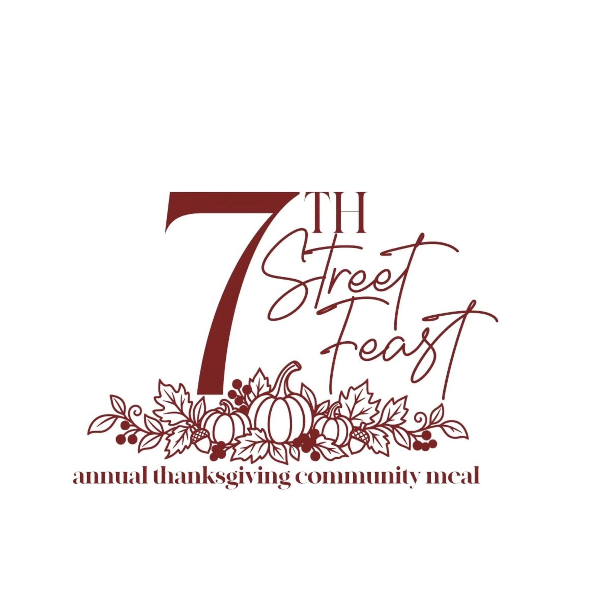 7th Street Feast annual thanksgiving community meal logo featuring pumpkins and autumn harvest illustrations.