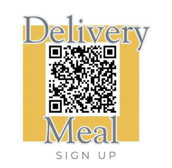 QR code for meal delivery sign up on a yellow square with grey text.