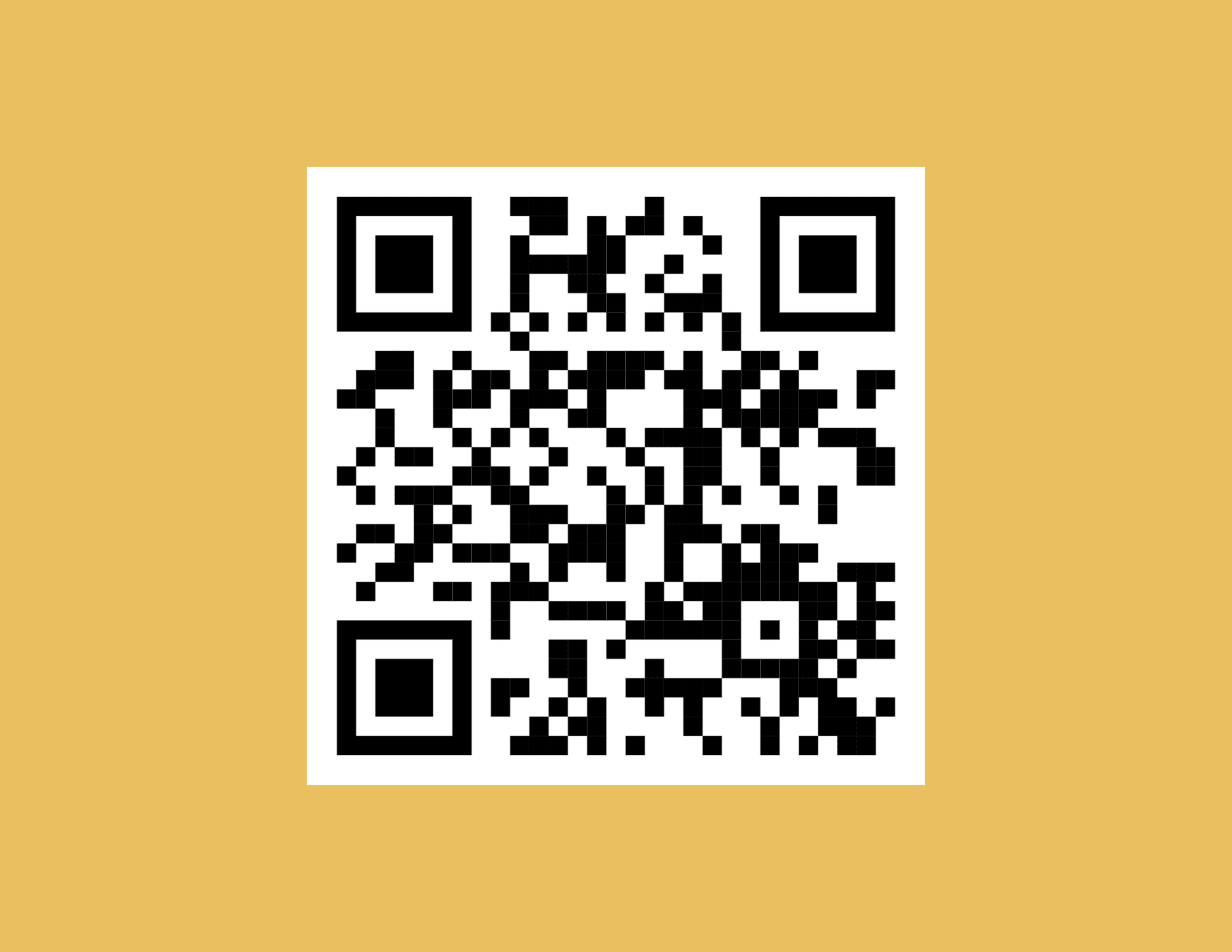 Black and white QR code on a white square, centered on a mustard yellow background.