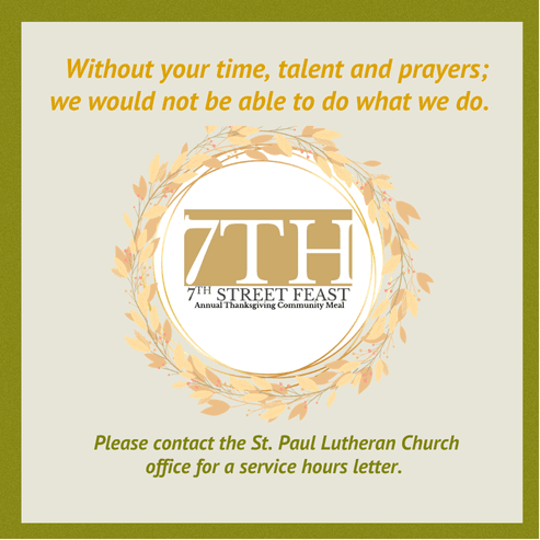 7th Street Feast Thanksgiving meal graphic thanking volunteers and providing St. Paul Lutheran Church contact.